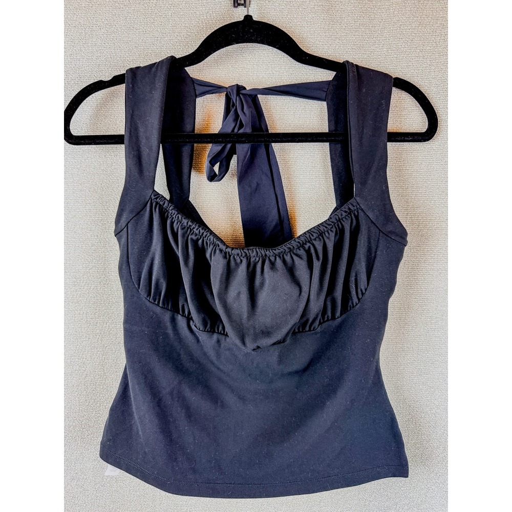 Blogilates Womens Black Ruched Sweetheart Tie Back Activewear Tank Top Medium